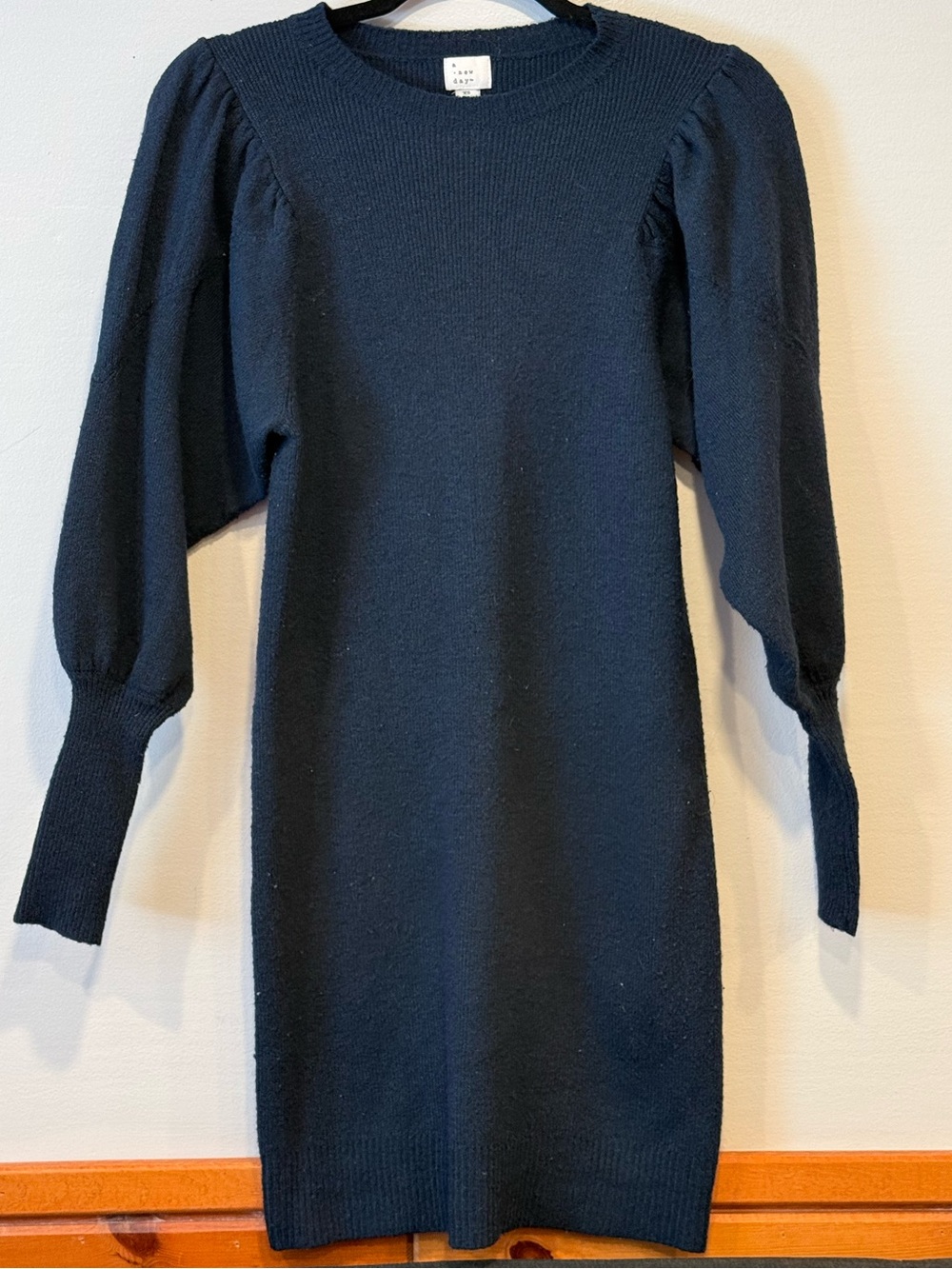 A New Day Women's Navy Blue Ribbed Puff-Sleeve Sweater Dress - Size XS